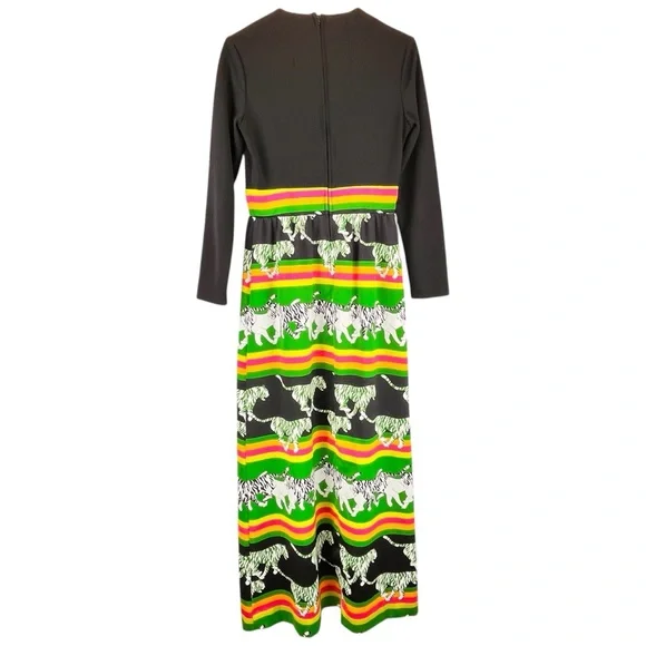 VTG Concept 70's Swirl Black Mutlicolor Running Tigers Print Maxi Dress XS  / S